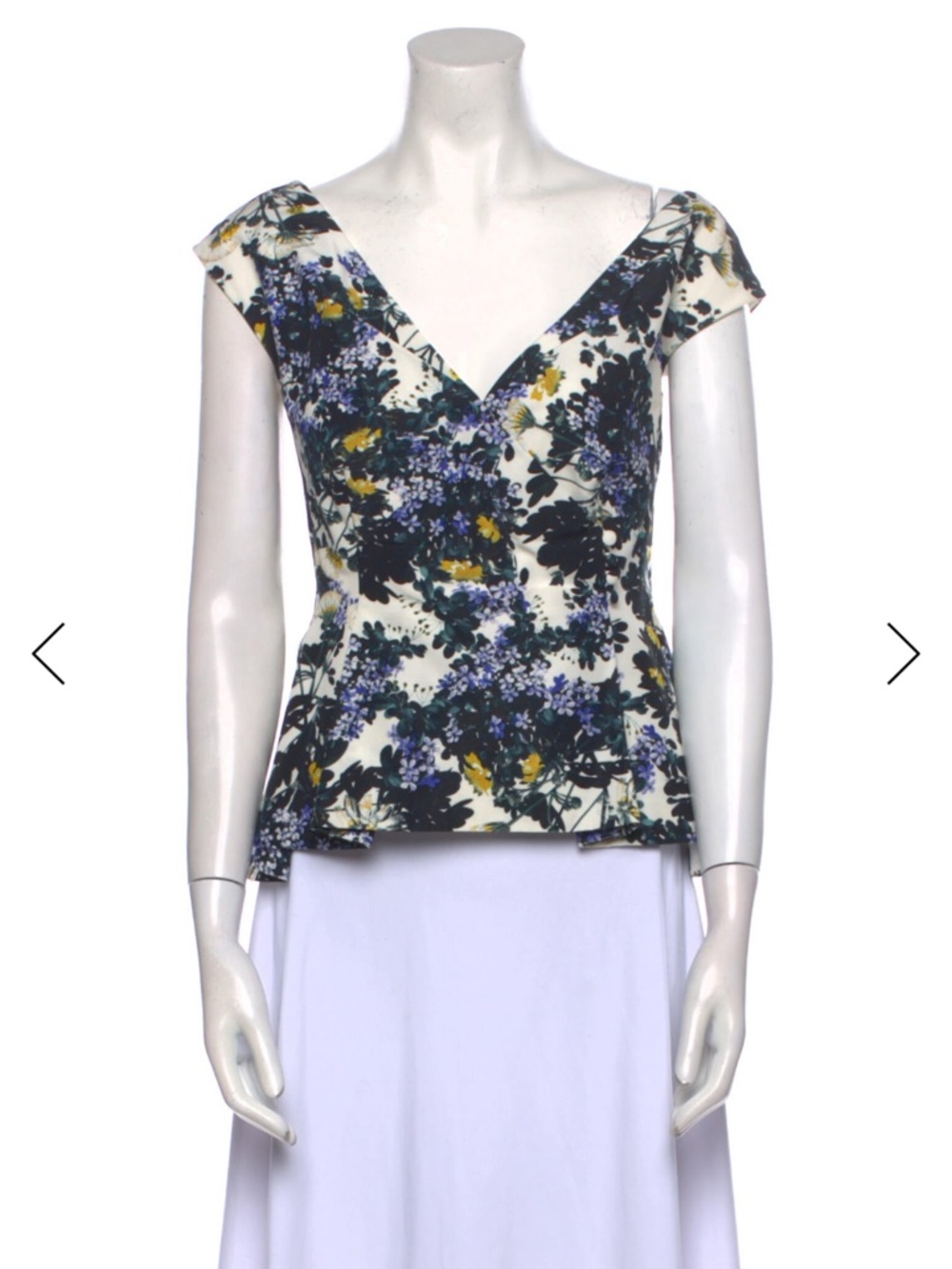 ERDEM Floral V-Neck Peplum Top in Ivory, Navy and Yellow